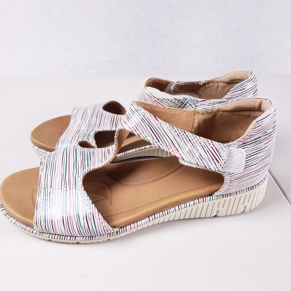 Nurture Womens 9M Multi Color Striped Leather Wedge Sandals Hook‎ Loop Strap